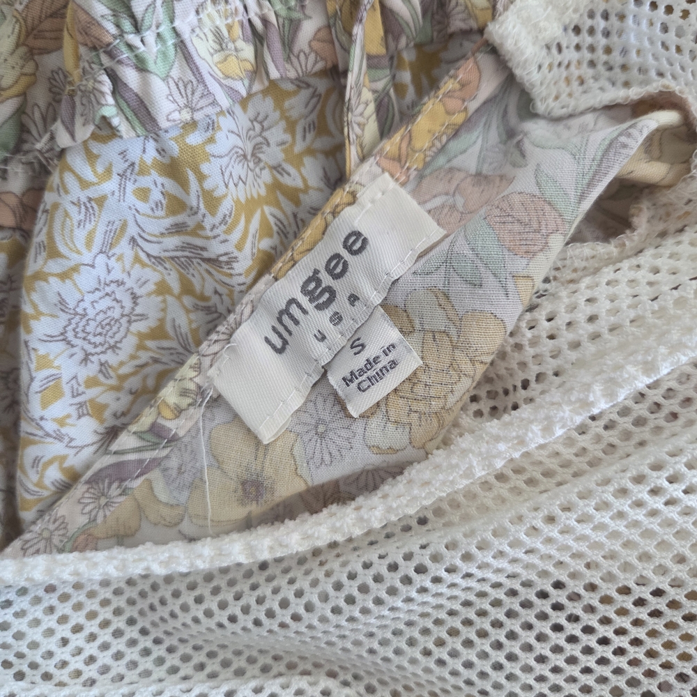 Umgee Boho Peasant Yellow Floral Print + Cream Tiered Top, Tie Back Neck - Small - Picture 8 of 9